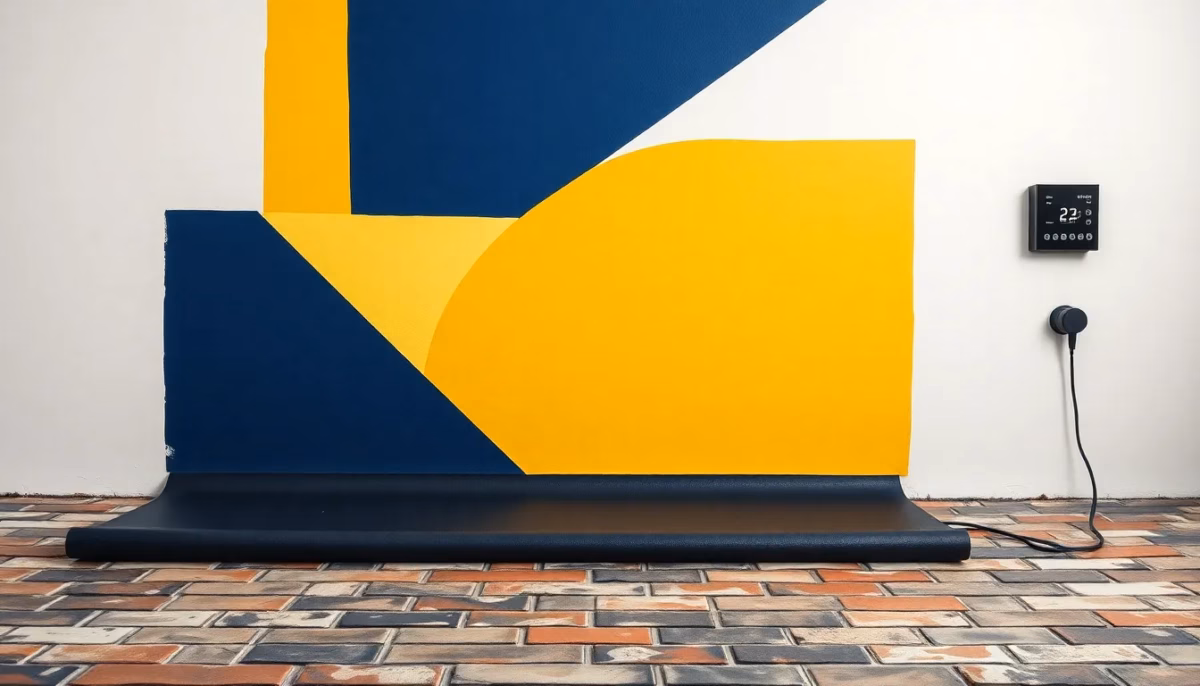 Suprematist abstract painting by Kazimir Malevich featuring an electric underfloor heating mat unrolled over old brick floorboards, crossed by thin heating cables and a digital thermostat. Minimalist composition of bold navy blue and vibrant yellow geometric shapes on a stark white background. Flat textures, sharp edges, avant-garde electrical concept. No humans, no text.