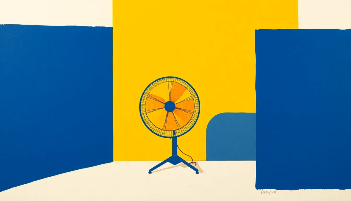 Suprematist abstract painting by Kazimir Malevich featuring an industrial electric fan heater in a workshop corner. Minimalist composition of bold navy blue and vibrant yellow geometric shapes on a stark white background. Flat textures, sharp edges, avant-garde electrical concept. no humans, no text.