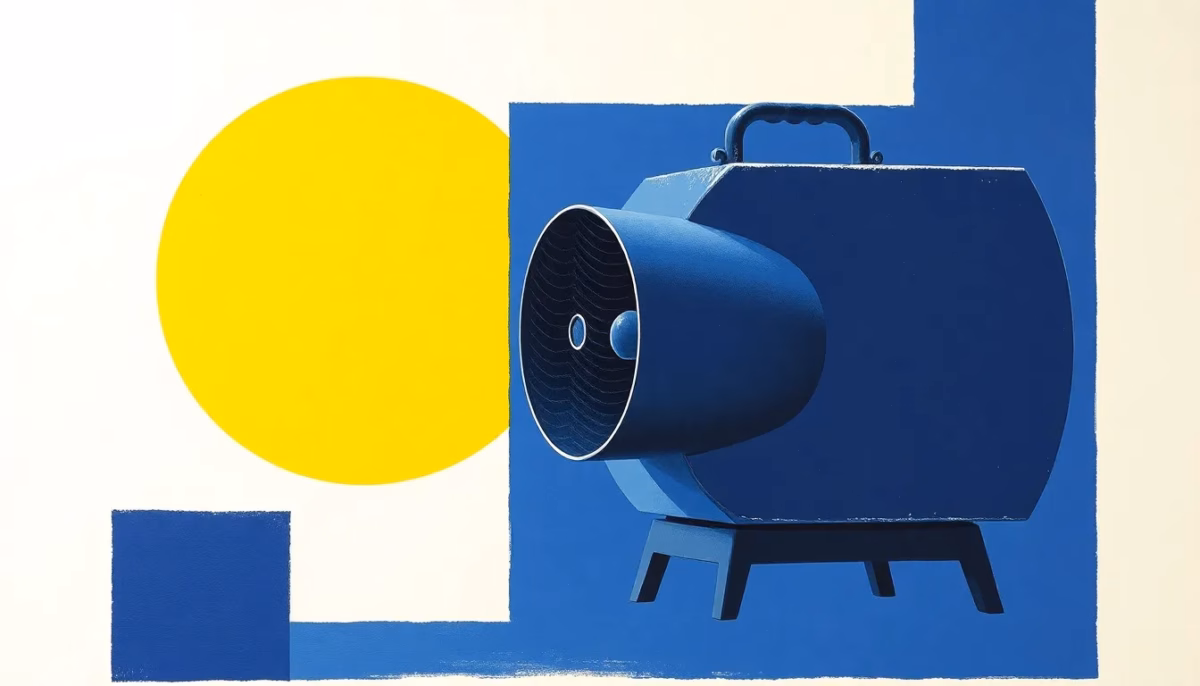 Suprematist abstract painting by Kazimir Malevich featuring a portable industrial hot-air blower heater with a circular vent and geometric air streams. Minimalist composition of bold navy blue and vibrant yellow geometric shapes on a stark white background. Flat textures, sharp edges, avant-garde electrical concept. No humans, no text.