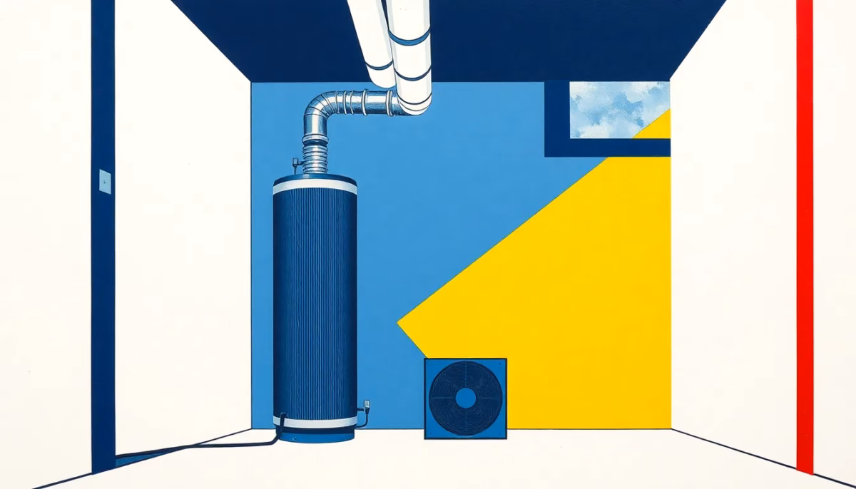 Suprematist abstract painting by Kazimir Malevich featuring a cylindrical water heater and ventilation ducts in a humid basement. Minimalist composition of bold navy blue and vibrant yellow geometric shapes on a stark white background. Flat textures, sharp edges, avant-garde electrical concept. No humans, no text.