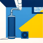 Suprematist abstract painting by Kazimir Malevich featuring a cylindrical water heater and ventilation ducts in a humid basement. Minimalist composition of bold navy blue and vibrant yellow geometric shapes on a stark white background. Flat textures, sharp edges, avant-garde electrical concept. No humans, no text.