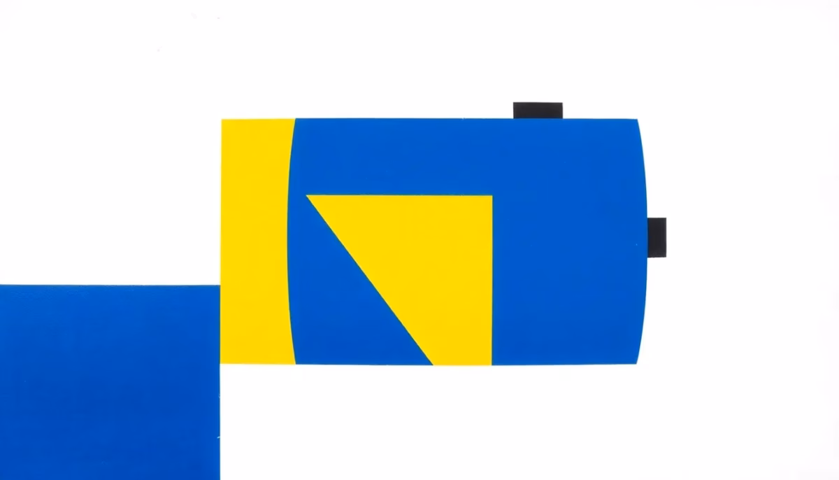 Suprematist abstract painting by Kazimir Malevich featuring a cylindrical electric water heater tank, a spiral heating element and angular lime-scale deposits. Minimalist composition of bold navy blue and vibrant yellow geometric shapes on a stark white background. Flat textures, sharp edges, avant-garde electrical concept. No humans, no text, no lettering, no watermark, no overlay.