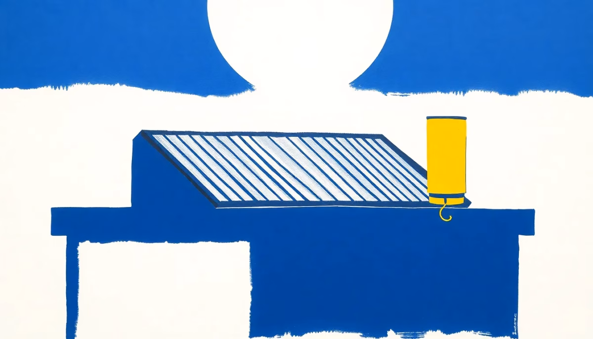 Suprematist abstract painting by Kazimir Malevich featuring a rooftop solar thermal collector feeding a cylindrical hot water tank with a glowing electric backup resistor. Minimalist composition of bold navy blue and vibrant yellow geometric shapes on a stark white background. Flat textures, sharp edges, avant-garde electrical concept. No humans, no text.