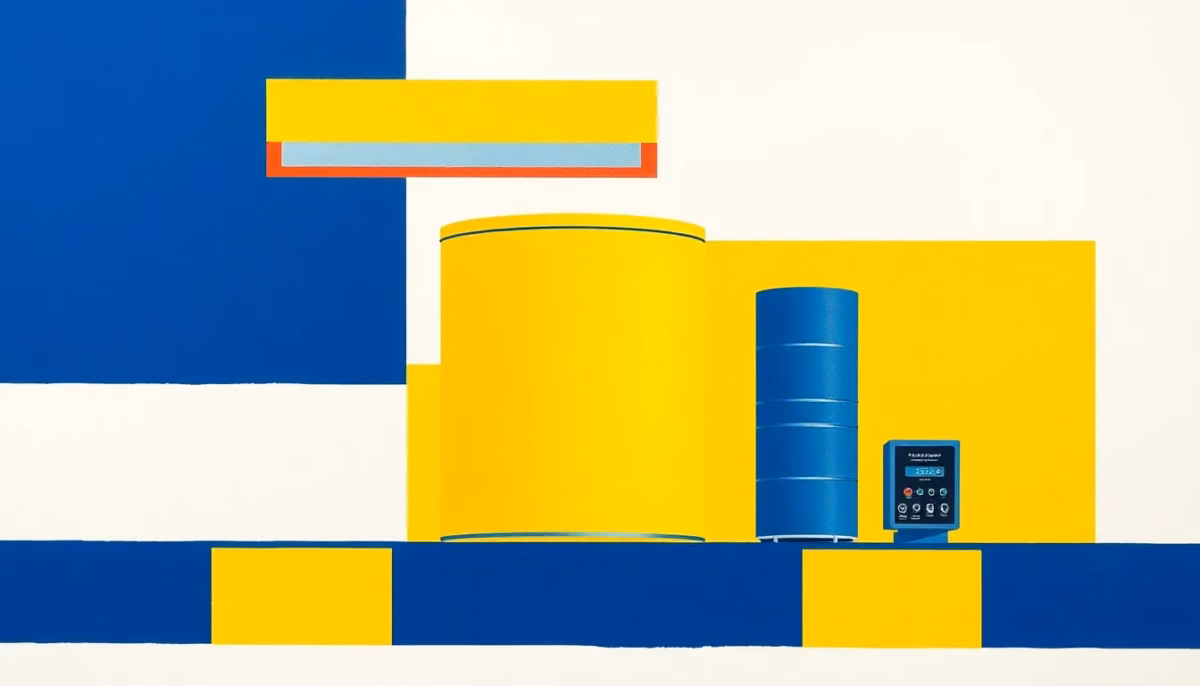 Suprematist abstract painting inspired by Kazimir Malevich featuring a solar water heater: roof-mounted thermal collectors, a cylindrical storage tank and a small electrical pump controller. Minimalist composition of bold navy blue and vibrant yellow geometric shapes on a stark white background, flat textures, sharp edges, avant-garde electrical concept, no humans, no text, no letters, no numbers.