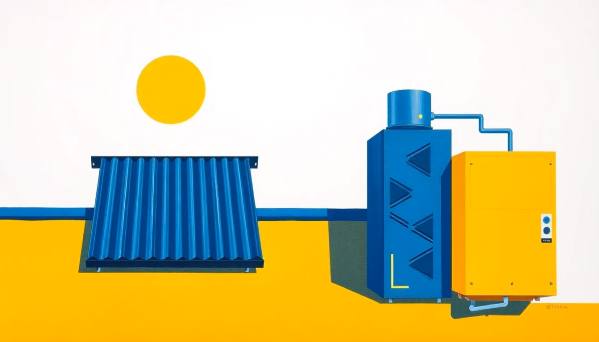 Suprematist abstract painting by Kazimir Malevich featuring a rooftop solar thermal collector beside a cylindrical heat pump water heater. Minimalist composition of bold navy blue and vibrant yellow geometric shapes on a stark white background. Flat textures, sharp edges, avant-garde electrical concept. No humans, no text.