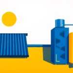 Suprematist abstract painting by Kazimir Malevich featuring a rooftop solar thermal collector beside a cylindrical heat pump water heater. Minimalist composition of bold navy blue and vibrant yellow geometric shapes on a stark white background. Flat textures, sharp edges, avant-garde electrical concept. No humans, no text.