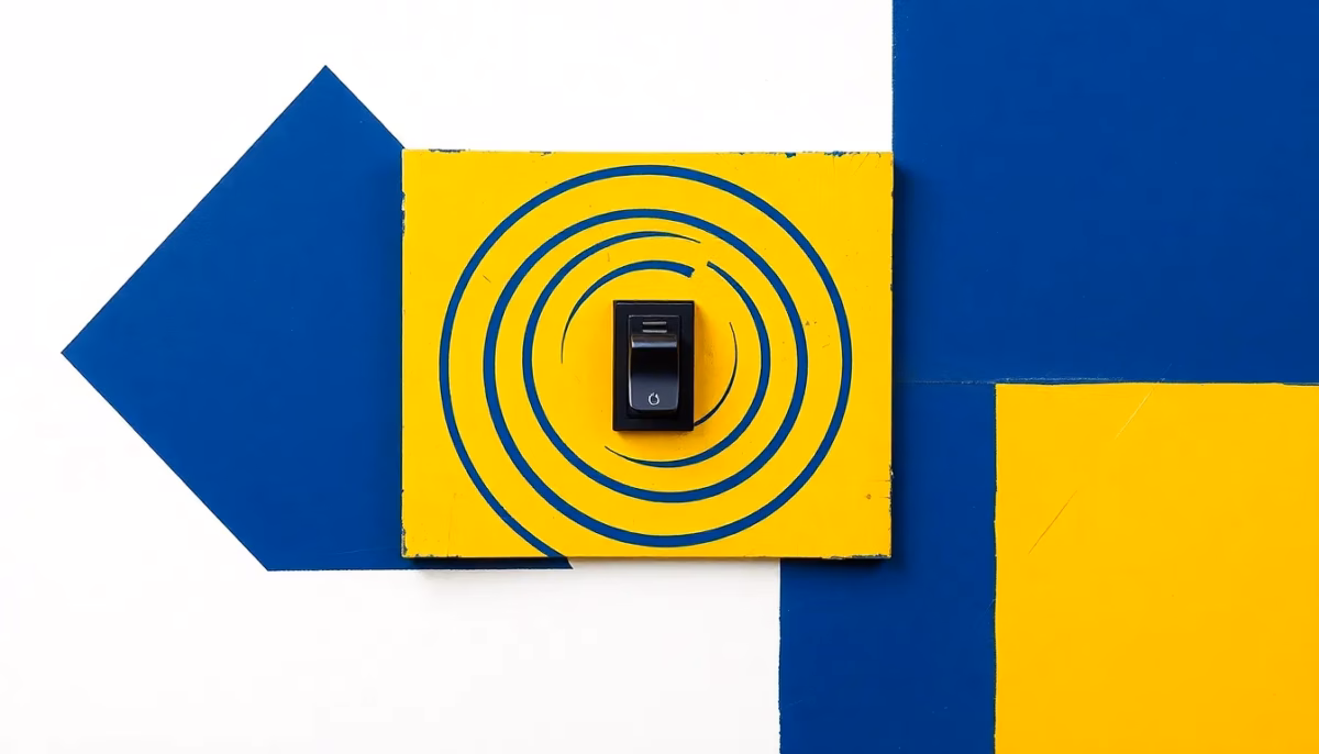 Suprematist abstract painting in the style of Kazimir Malevich featuring a compact electrical distribution board with concentric sound waves radiating from a single black switch. Minimalist composition of bold navy blue and vibrant yellow geometric shapes on a stark white background. Flat textures, sharp edges, avant-garde electrical concept. No humans, no text.