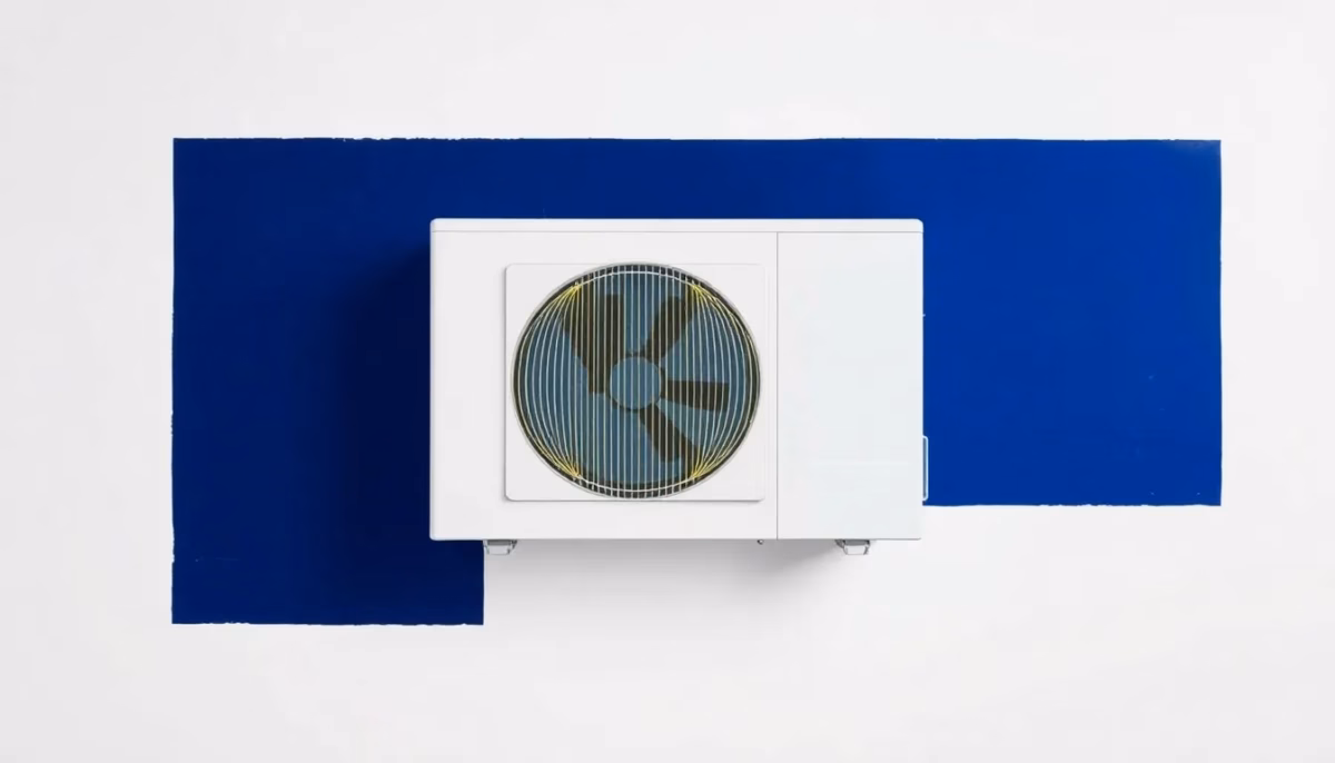 Suprematist abstract painting by Kazimir Malevich featuring a reversible air-to-air heat pump split unit transferring warm and cool air flows. Minimalist composition of bold navy blue and vibrant yellow geometric shapes on a stark white background. Flat textures, sharp edges, avant-garde electrical concept. No humans, no text.
