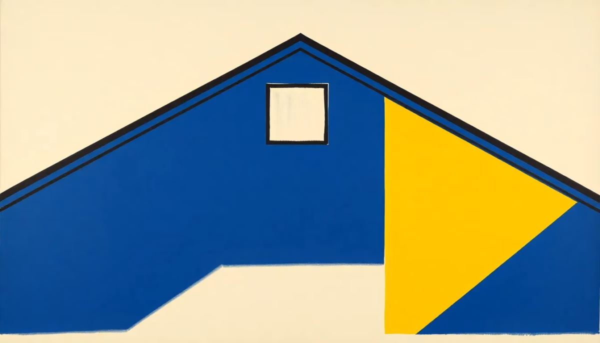 Suprematist abstract painting inspired by Kazimir Malevich: a cold attic under a sloped tiled roof with a small roof window and rising humidity waves, minimalist composition of bold navy blue and vibrant yellow geometric shapes on a stark white background, flat textures, sharp edges, avant-garde electrical concept, no humans, no text, no overlay, high resolution