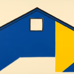 Suprematist abstract painting inspired by Kazimir Malevich: a cold attic under a sloped tiled roof with a small roof window and rising humidity waves, minimalist composition of bold navy blue and vibrant yellow geometric shapes on a stark white background, flat textures, sharp edges, avant-garde electrical concept, no humans, no text, no overlay, high resolution