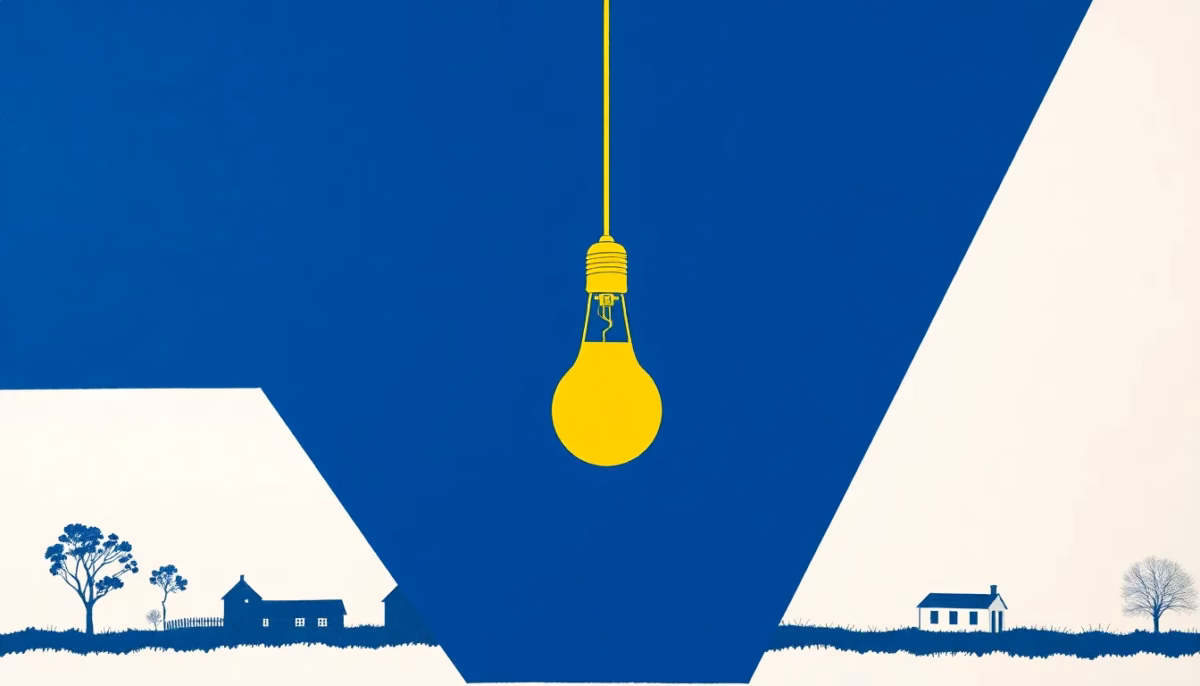 Suprematist abstract painting in the style of Kazimir Malevich featuring a geometric sound wave activating a minimalist hanging light bulb above rural farmhouse silhouettes. Minimalist composition of bold navy blue and vibrant yellow geometric shapes on a stark white background. Flat textures, sharp edges, avant-garde electrical concept. No humans, no text, no letters, no watermark, no overlay.