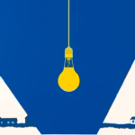 Suprematist abstract painting in the style of Kazimir Malevich featuring a geometric sound wave activating a minimalist hanging light bulb above rural farmhouse silhouettes. Minimalist composition of bold navy blue and vibrant yellow geometric shapes on a stark white background. Flat textures, sharp edges, avant-garde electrical concept. No humans, no text, no letters, no watermark, no overlay.