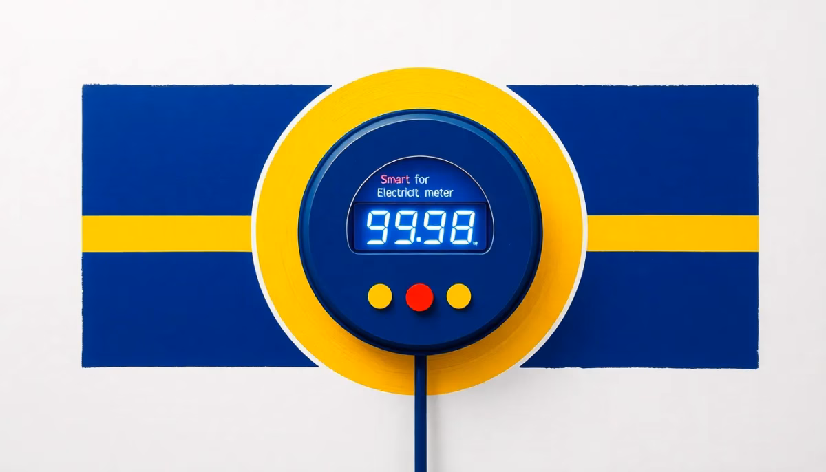 Suprematist abstract painting in the style of Kazimir Malevich, depicting a modern smart electricity meter with a blinking indicator light and radiating concentric pulse rings. Minimalist composition of bold navy blue and vibrant yellow geometric shapes on a stark white background. Flat textures, sharp edges, avant-garde interpretation of electrical energy monitoring. No humans, no text, no lettering, no numbers, no logo.