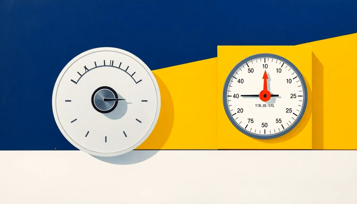 Suprematist abstract painting by Kazimir Malevich featuring an electricity meter with a spinning disc and a water meter dial side by side. Minimalist composition of bold navy blue and vibrant yellow geometric shapes on a stark white background. Flat textures, sharp edges, avant-garde electrical concept. ##no humans##, ##no text##.