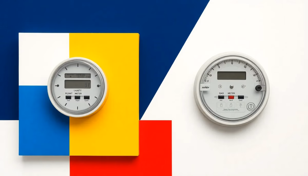 Suprematist abstract painting by Kazimir Malevich featuring a smart electricity meter and a gas meter side by side. Minimalist composition of bold navy blue and vibrant yellow geometric shapes on a stark white background. Flat textures, sharp edges, avant-garde electrical concept. No humans, no text.