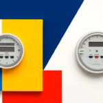 Suprematist abstract painting by Kazimir Malevich featuring a smart electricity meter and a gas meter side by side. Minimalist composition of bold navy blue and vibrant yellow geometric shapes on a stark white background. Flat textures, sharp edges, avant-garde electrical concept. No humans, no text.