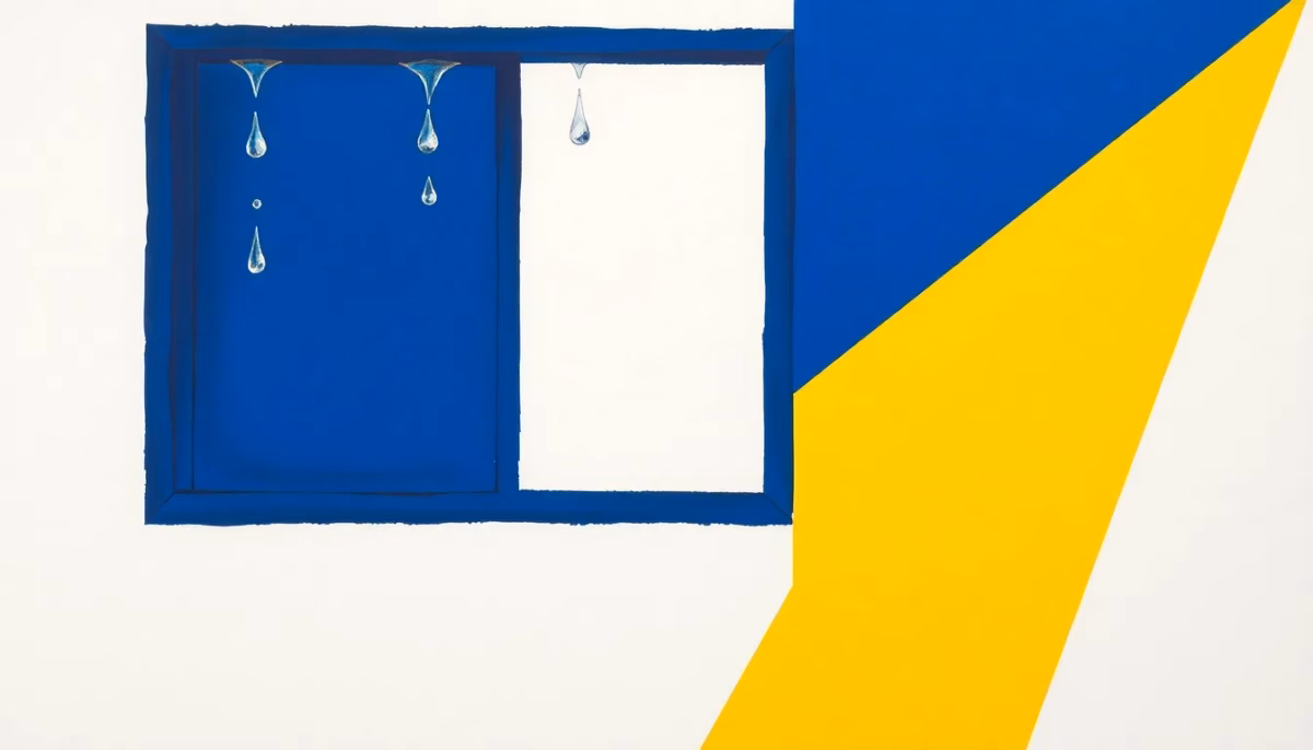 Suprematist abstract painting by Kazimir Malevich featuring a window frame with condensation droplets forming geometric rivulets. Minimalist composition of bold navy blue and vibrant yellow geometric shapes on a stark white background. Flat textures, sharp edges, avant-garde electrical concept. No text, no letters, no numbers, no watermarks, no signature, no humans.