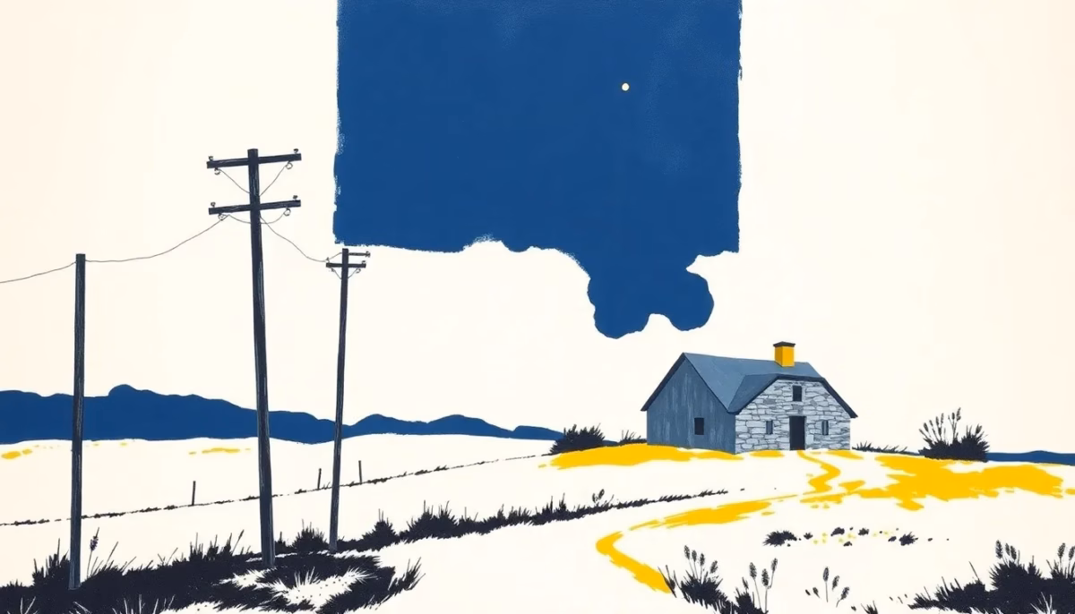 Suprematist abstract painting in the style of Kazimir Malevich depicting a rural power outage scene: tilted wooden utility poles and a small stone farmhouse beneath a storm. Minimalist composition of bold navy blue and vibrant yellow geometric shapes on a stark white background. Flat textures, sharp edges, avant-garde electrical concept, poster-like layout. No humans, no text, no lettering, no overlay.