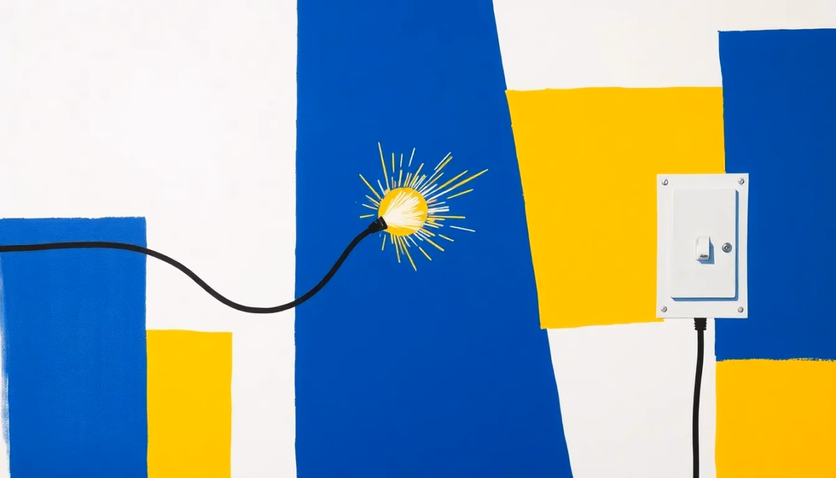 Suprematist abstract painting in the style of Kazimir Malevich, featuring a sparking electrical wire and a tripped circuit breaker. Minimalist composition of bold navy blue and vibrant yellow geometric shapes on a stark white background. Flat textures, sharp edges, avant-garde electrical concept. No humans, no text overlay.