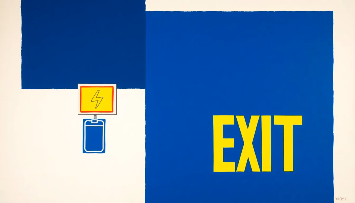 Suprematist abstract painting by Kazimir Malevich featuring an emergency lighting block with a battery symbol and a glowing exit sign. Minimalist composition of bold navy blue and vibrant yellow geometric shapes on a stark white background. Flat textures, sharp edges, avant-garde electrical concept. No humans, no text, no lettering, no logos.