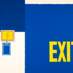 Suprematist abstract painting by Kazimir Malevich featuring an emergency lighting block with a battery symbol and a glowing exit sign. Minimalist composition of bold navy blue and vibrant yellow geometric shapes on a stark white background. Flat textures, sharp edges, avant-garde electrical concept. No humans, no text, no lettering, no logos.