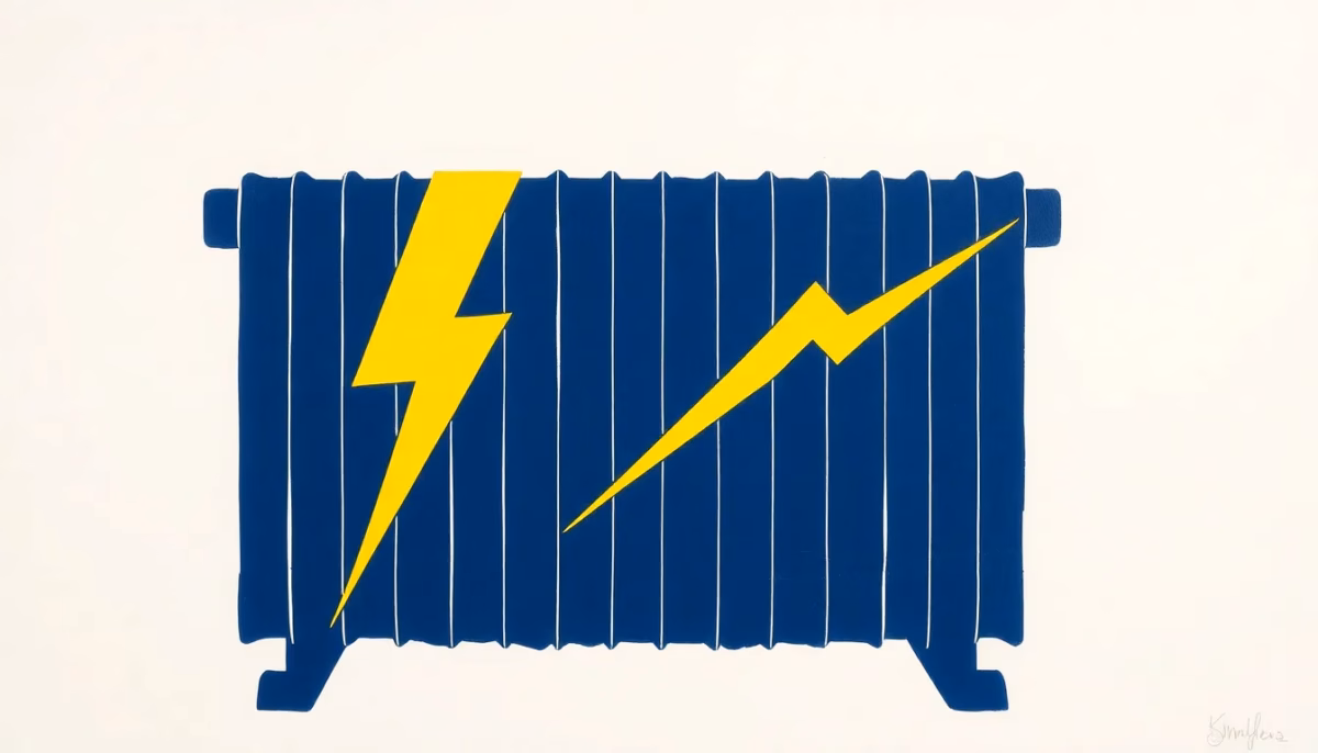 Suprematist abstract painting in the style of Kazimir Malevich featuring a stylized electric convector radiator with a glowing lightning bolt. Minimalist composition of bold navy blue and vibrant yellow geometric shapes on a stark white background. Flat textures, sharp edges, avant-garde electrical concept. No humans, no text.