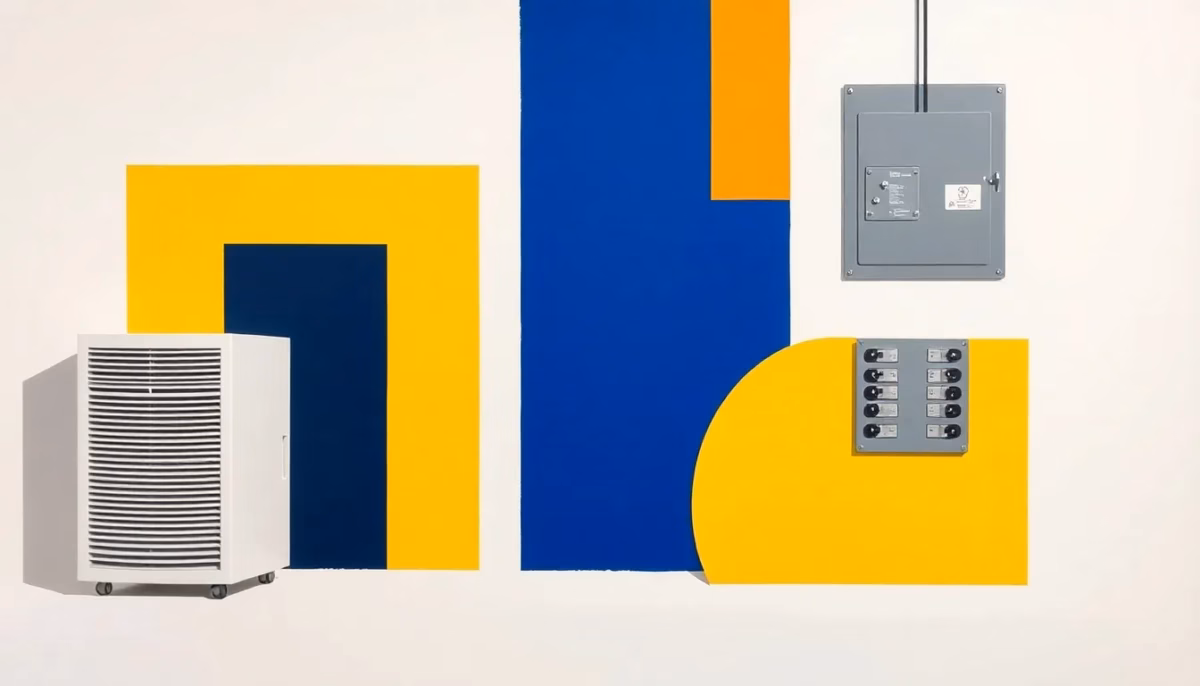 Suprematist abstract painting by Kazimir Malevich featuring a dehumidifier, a vaulted cellar wall and an electrical circuit breaker panel. Minimalist composition of bold navy blue and vibrant yellow geometric shapes on a stark white background. Flat textures, sharp edges, avant-garde electrical concept. No humans, no text.