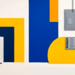 Suprematist abstract painting by Kazimir Malevich featuring a dehumidifier, a vaulted cellar wall and an electrical circuit breaker panel. Minimalist composition of bold navy blue and vibrant yellow geometric shapes on a stark white background. Flat textures, sharp edges, avant-garde electrical concept. No humans, no text.