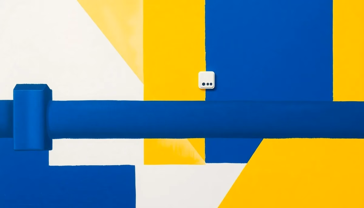 Suprematist abstract painting inspired by Kazimir Malevich, featuring a minimalist water pipe with a floating wireless leak sensor node. Minimalist composition of bold navy blue and vibrant yellow geometric shapes on a stark white background. Flat textures, sharp edges, avant-garde electrical concept. No humans, no text, no typography.