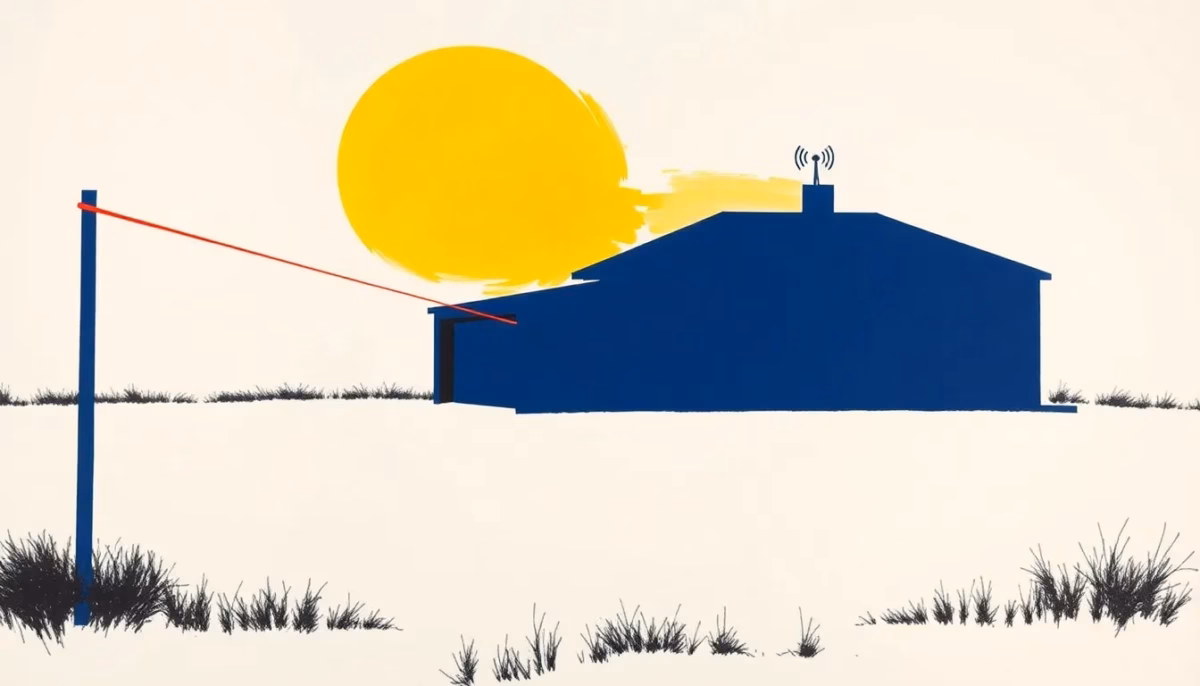 Suprematist abstract painting by Kazimir Malevich featuring an isolated rural garage and outbuilding protected by a wireless intrusion detector emitting radio wave arcs. Minimalist composition of bold navy blue and vibrant yellow geometric shapes on a stark white background. Flat textures, sharp edges, avant-garde electrical concept. ##no humans##, ##no text##
