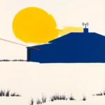 Suprematist abstract painting by Kazimir Malevich featuring an isolated rural garage and outbuilding protected by a wireless intrusion detector emitting radio wave arcs. Minimalist composition of bold navy blue and vibrant yellow geometric shapes on a stark white background. Flat textures, sharp edges, avant-garde electrical concept. ##no humans##, ##no text##