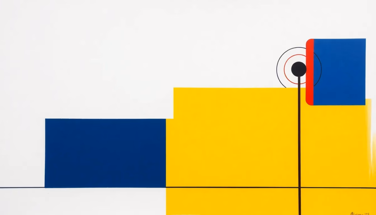 Suprematist abstract painting by Kazimir Malevich featuring a geometric garage gate and an abstract radio-wave alert signal. Minimalist composition of bold navy blue and vibrant yellow geometric shapes on a stark white background. Flat textures, sharp edges, avant-garde electrical concept, subtle suggestion of a magnetic contact sensor on the gate post. No humans, no text, no letters, no watermark.