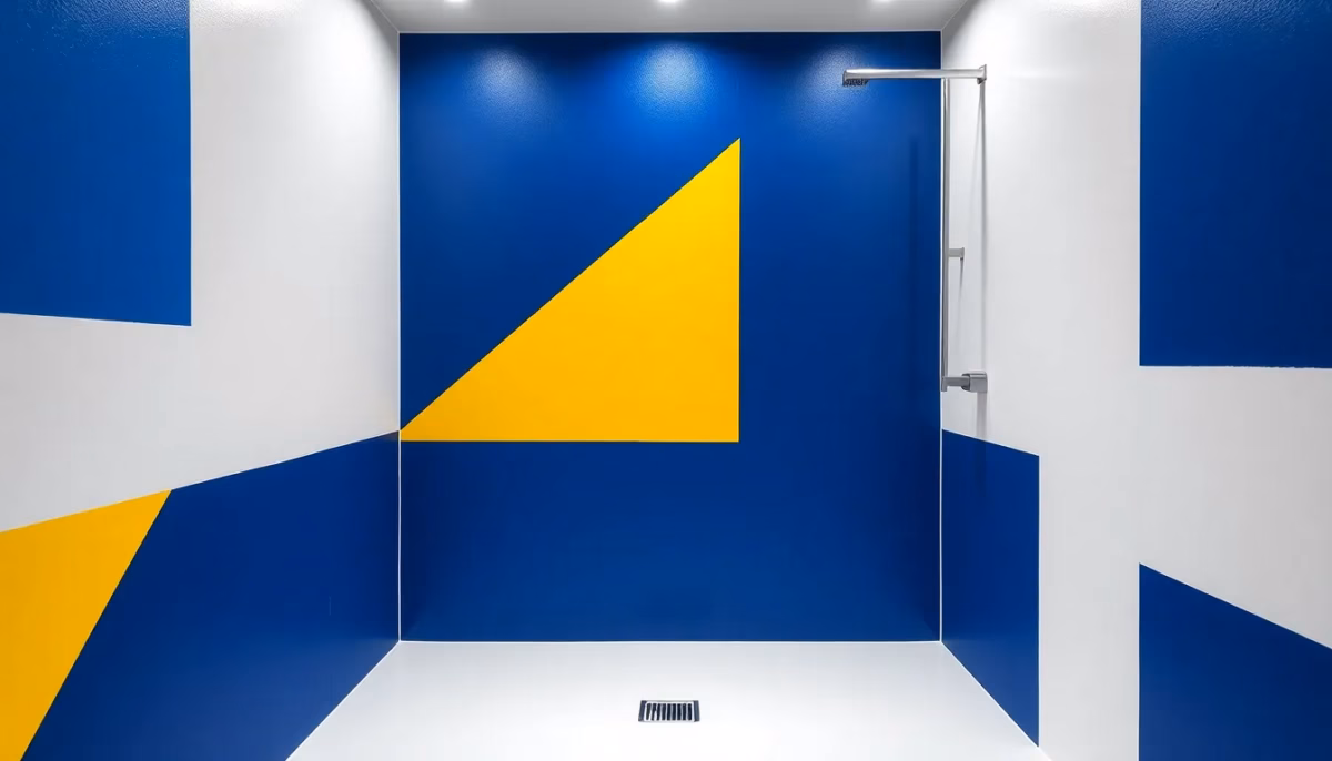 Suprematist abstract painting by Kazimir Malevich featuring a minimalist walk-in Italian shower with recessed LED ceiling spots, a linear drain and a discreet ventilation grille. Bold geometric composition of navy blue and vibrant yellow shapes on a stark white background. Flat textures, sharp edges, avant-garde electrical concept. No humans, no text.