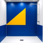 Suprematist abstract painting by Kazimir Malevich featuring a minimalist walk-in Italian shower with recessed LED ceiling spots, a linear drain and a discreet ventilation grille. Bold geometric composition of navy blue and vibrant yellow shapes on a stark white background. Flat textures, sharp edges, avant-garde electrical concept. No humans, no text.