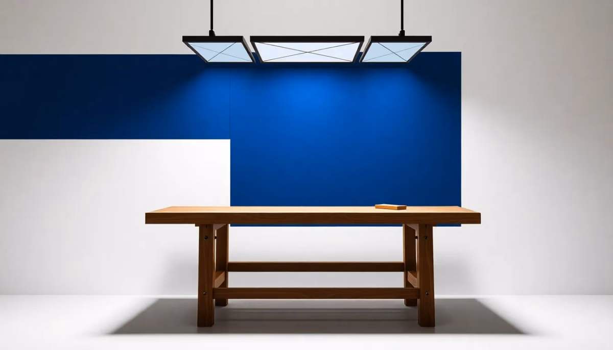 Suprematist abstract painting in the style of Kazimir Malevich featuring a woodworking workbench lit by geometric LED panels floating above it. Minimalist composition of bold navy blue and vibrant yellow geometric shapes on a stark white background. Flat matte textures, sharp crisp edges, avant-garde electrical concept, high contrast, museum-quality digital artwork. No humans, no text, no lettering, no watermark, no signature.