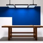 Suprematist abstract painting in the style of Kazimir Malevich featuring a woodworking workbench lit by geometric LED panels floating above it. Minimalist composition of bold navy blue and vibrant yellow geometric shapes on a stark white background. Flat matte textures, sharp crisp edges, avant-garde electrical concept, high contrast, museum-quality digital artwork. No humans, no text, no lettering, no watermark, no signature.