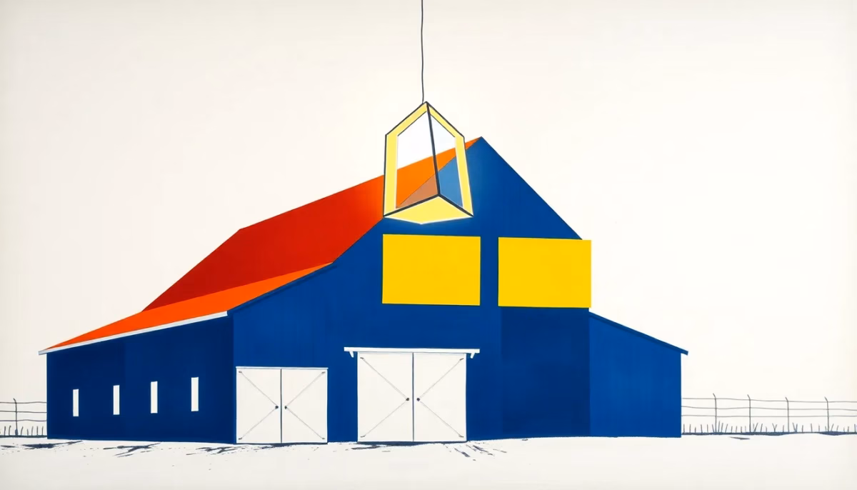 Suprematist abstract painting by Kazimir Malevich featuring a stylized agricultural barn with a glowing geometric LED luminaire suspended under a pitched roof. Minimalist composition of bold navy blue and vibrant yellow geometric shapes on a stark white background. Flat textures, sharp edges, avant-garde electrical concept. No humans, no text.