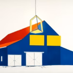 Suprematist abstract painting by Kazimir Malevich featuring a stylized agricultural barn with a glowing geometric LED luminaire suspended under a pitched roof. Minimalist composition of bold navy blue and vibrant yellow geometric shapes on a stark white background. Flat textures, sharp edges, avant-garde electrical concept. No humans, no text.