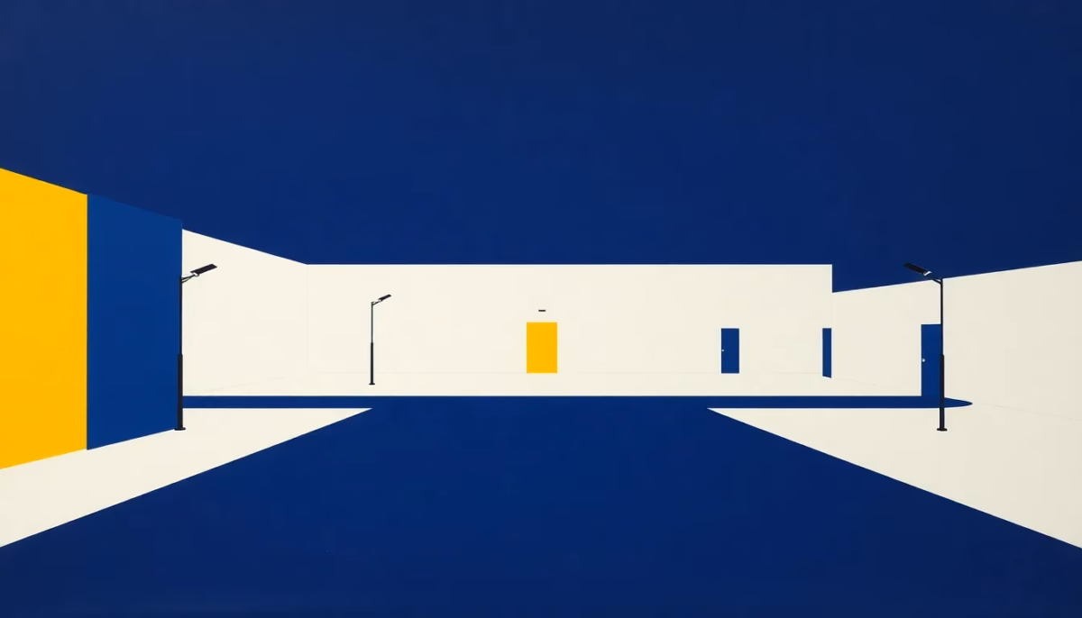 Suprematist abstract painting in the style of Kazimir Malevich depicting a vast French farm courtyard at night, lit by slim solar-powered lamp posts and low bollard lights aligned along a gravel path between old brick farm buildings. Minimalist geometric composition of bold navy blue and vibrant yellow shapes floating on a stark white background, flat matte textures, sharp clean edges, avant-garde electrical concept, calm and uncluttered, no humans, no text, no lettering, no watermark.