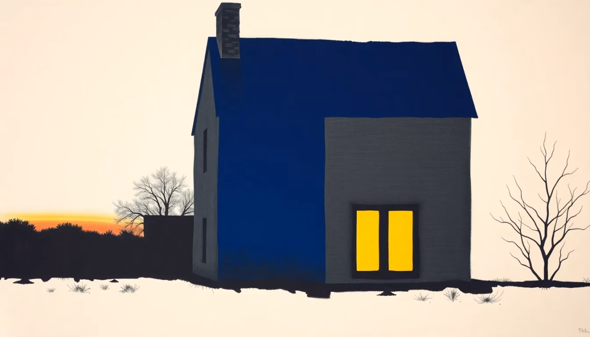 Suprematist abstract painting by Kazimir Malevich featuring a softly illuminated old brick and stone house facade at dusk. Minimalist composition of bold navy blue and vibrant yellow geometric shapes on a stark white background. Flat textures, sharp edges, avant-garde electrical concept. No humans, no text, no lettering, no watermark.