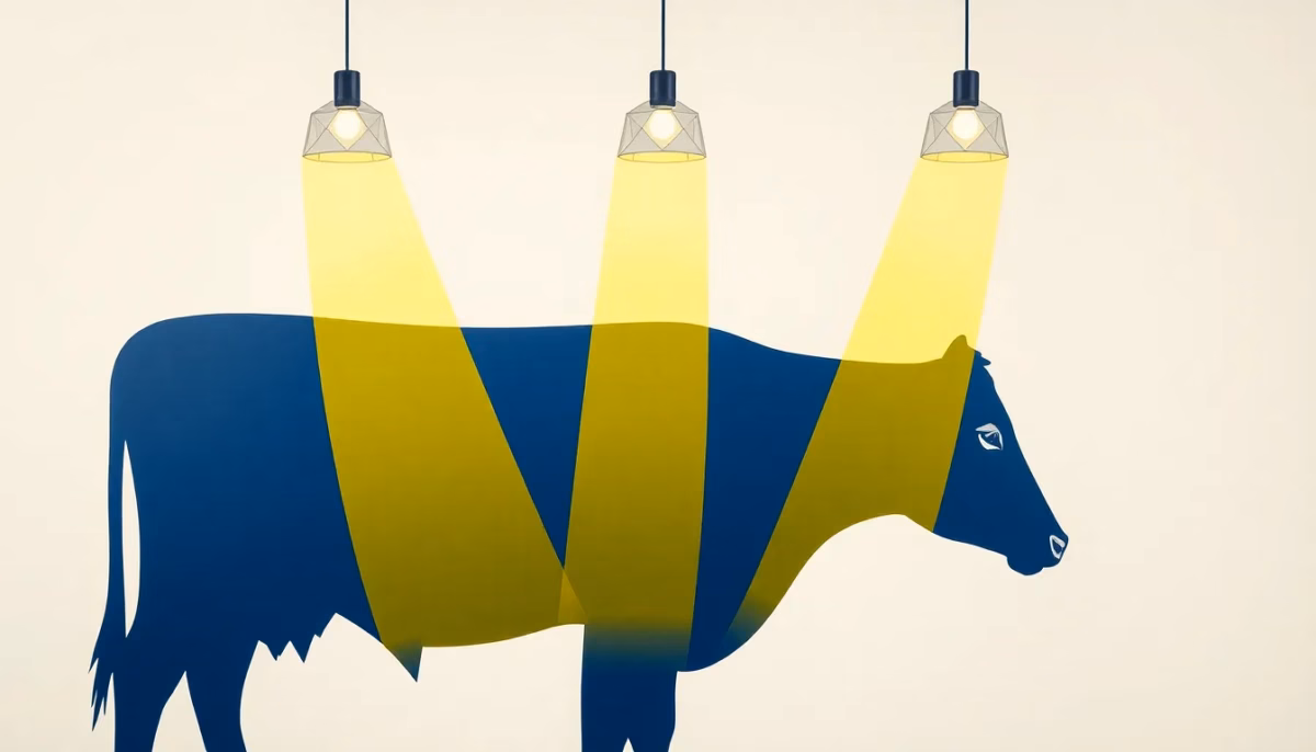 Suprematist abstract painting by Kazimir Malevich featuring a dairy cow silhouette illuminated by geometric light beams from suspended luminaires in a modern dairy barn. Minimalist composition of bold navy blue and vibrant yellow geometric shapes on a stark white background. Flat textures, sharp edges, avant-garde electrical concept. No humans, no text overlay.
