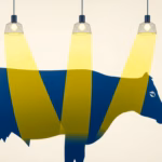 Suprematist abstract painting by Kazimir Malevich featuring a dairy cow silhouette illuminated by geometric light beams from suspended luminaires in a modern dairy barn. Minimalist composition of bold navy blue and vibrant yellow geometric shapes on a stark white background. Flat textures, sharp edges, avant-garde electrical concept. No humans, no text overlay.