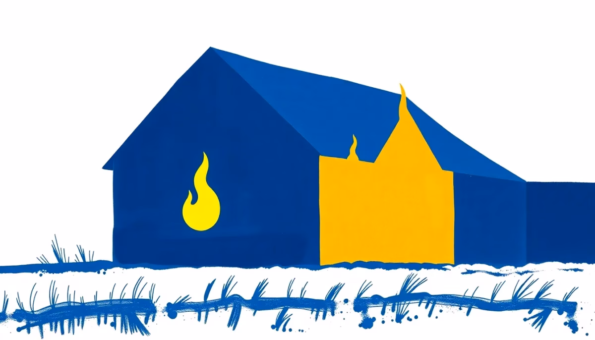 Suprematist abstract painting in the style of Kazimir Malevich featuring the silhouette of a barn with a glowing LED luminaire and abstract flame motifs. Minimalist composition of bold navy blue and vibrant yellow geometric shapes on a stark white background. Flat textures, sharp edges, avant-garde electrical concept. No humans, no text, no lettering, no watermark.