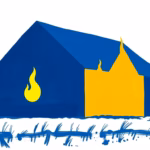 Suprematist abstract painting in the style of Kazimir Malevich featuring the silhouette of a barn with a glowing LED luminaire and abstract flame motifs. Minimalist composition of bold navy blue and vibrant yellow geometric shapes on a stark white background. Flat textures, sharp edges, avant-garde electrical concept. No humans, no text, no lettering, no watermark.
