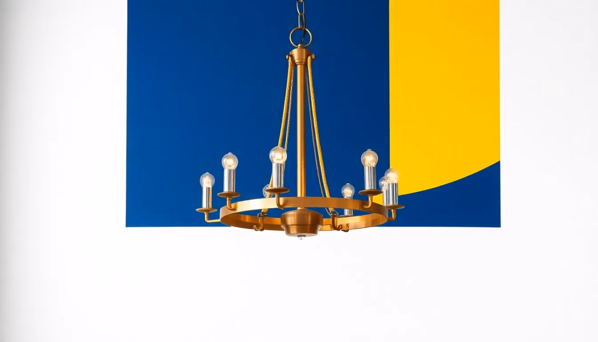 Suprematist abstract painting by Kazimir Malevich featuring a vintage brass chandelier fitted with glowing LED filament bulbs inside an old stone farmhouse. Minimalist composition of bold navy blue and vibrant yellow geometric shapes on a stark white background. Flat textures, sharp edges, avant-garde electrical concept. No humans, no text, no lettering.