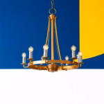 Suprematist abstract painting by Kazimir Malevich featuring a vintage brass chandelier fitted with glowing LED filament bulbs inside an old stone farmhouse. Minimalist composition of bold navy blue and vibrant yellow geometric shapes on a stark white background. Flat textures, sharp edges, avant-garde electrical concept. No humans, no text, no lettering.