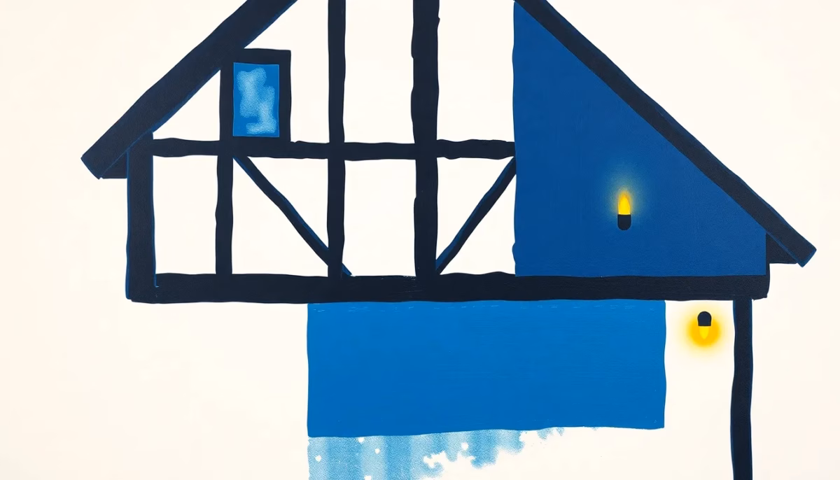 Suprematist abstract painting inspired by Kazimir Malevich, depicting a half-timbered house facade with interlocking dark timber beams and a warm glowing outdoor wall sconce casting a soft golden light across the wood. Minimalist geometric composition of bold navy blue and vibrant yellow shapes on a stark white background, flat textures, sharp edges, avant-garde electrical concept. No humans, no text, no lettering, no watermark, no overlay.