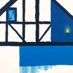 Suprematist abstract painting inspired by Kazimir Malevich, depicting a half-timbered house facade with interlocking dark timber beams and a warm glowing outdoor wall sconce casting a soft golden light across the wood. Minimalist geometric composition of bold navy blue and vibrant yellow shapes on a stark white background, flat textures, sharp edges, avant-garde electrical concept. No humans, no text, no lettering, no watermark, no overlay.