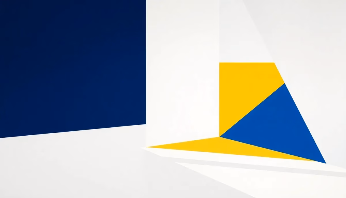 Suprematist abstract painting in the style of Kazimir Malevich, depicting a modular interior lighting scheme with direct and indirect light beams intersecting a room. Minimalist composition with bold navy blue and vibrant yellow geometric shapes on a stark white background. Flat textures, sharp edges, avant-garde electrical concept. No humans, no text.