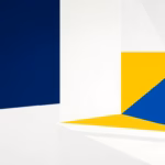 Suprematist abstract painting in the style of Kazimir Malevich, depicting a modular interior lighting scheme with direct and indirect light beams intersecting a room. Minimalist composition with bold navy blue and vibrant yellow geometric shapes on a stark white background. Flat textures, sharp edges, avant-garde electrical concept. No humans, no text.